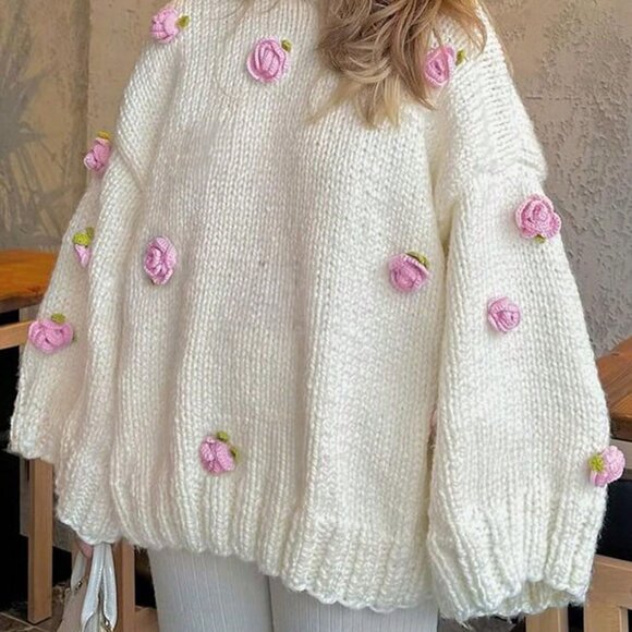 Casual Women's Loose Lovely Knit Long Sleeve Sweater detailed with roses design - Picture 4 of 10